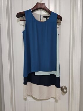 BCBGMaxAzria Teal, Navy & Cream Layered Sleeveless Midi Dress